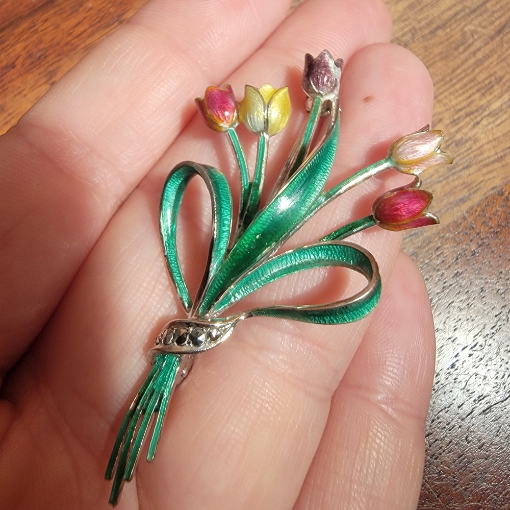 Vintage 835 Silver Enamel And Marcasite Tulip Brooch / Pendant